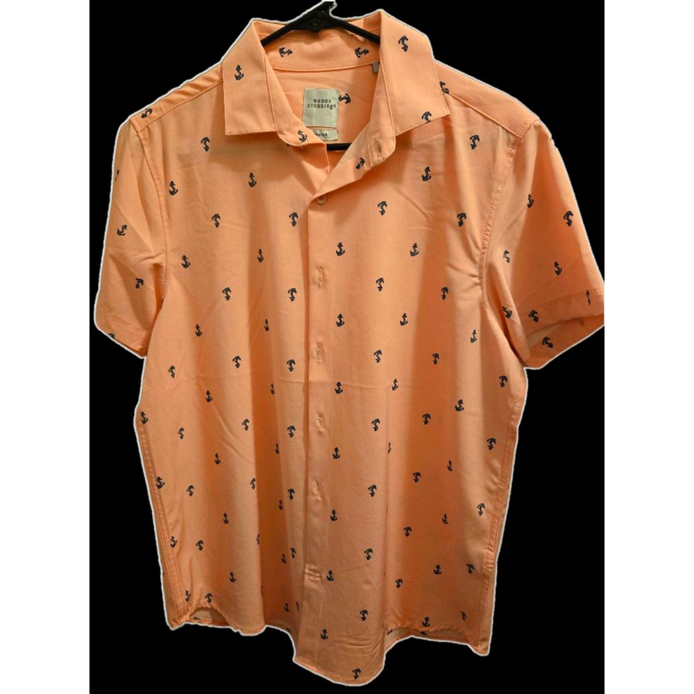 Men's Essex Crossing Button Down Shirt Size S Peach with Navy Anchors